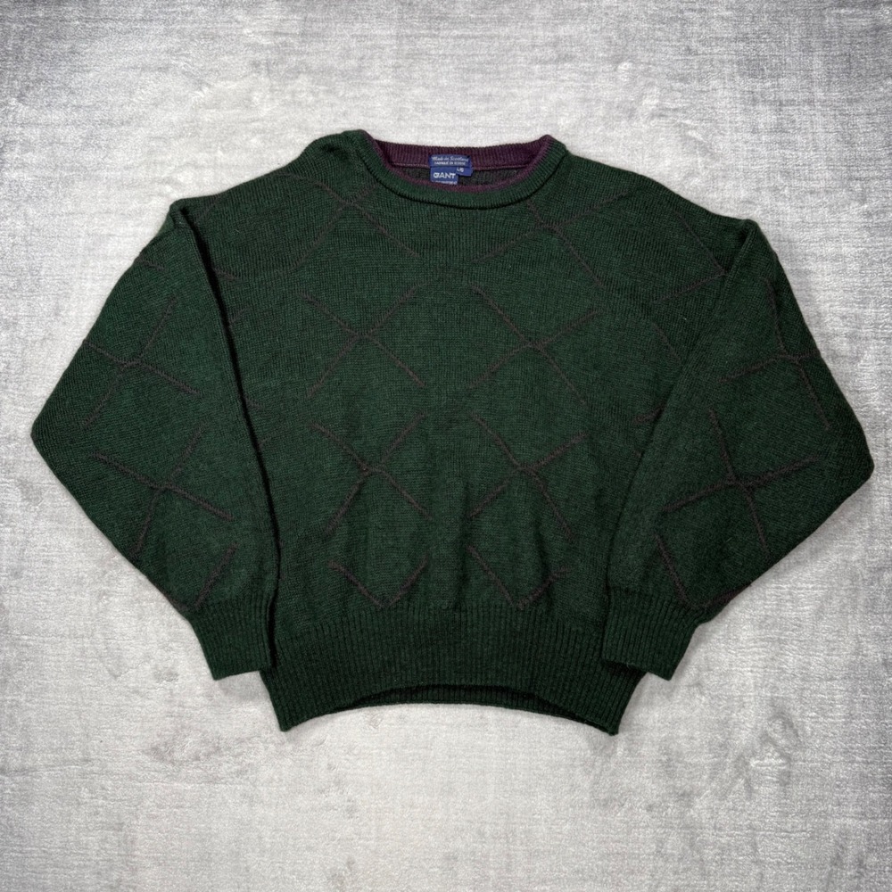 Gant Sweater Mens Large Green Argyle Wool Made in Scotland Crewneck Grandpa Knit